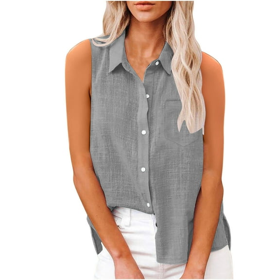 qucoqpe Womens Summer Sleeveless Linen Shirts Button Turndown Collar Side Slit Tank Tops Casual Lightweight Blouse Shirts