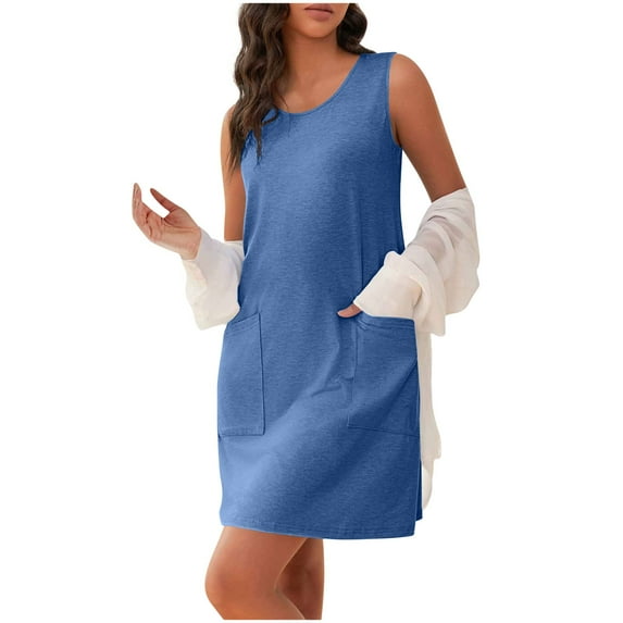 qucoqpe Womens Summer Sleeveless Pocket Tank Dress Crew Neck Mini Dress Solid Color Loose Sundress on Clearance