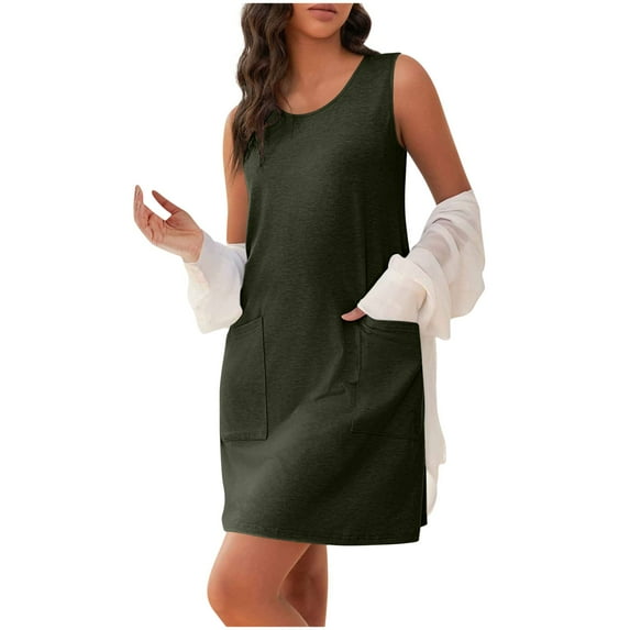 qucoqpe Womens Summer Sleeveless Pocket Tank Dress Crew Neck Mini Dress Solid Color Loose Sundress