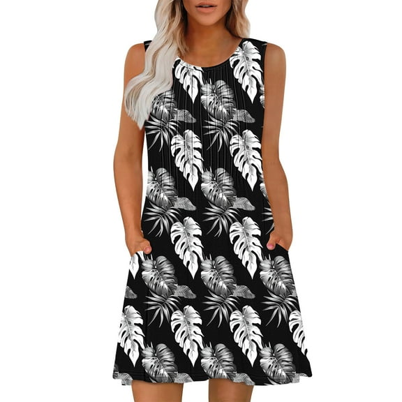 qucoqpe Womens Summer Sleeveless Tank Dress Crew Neck Front Pleated Mini Dress Casual Floral Print Vacation Beach Sundress with Pockets