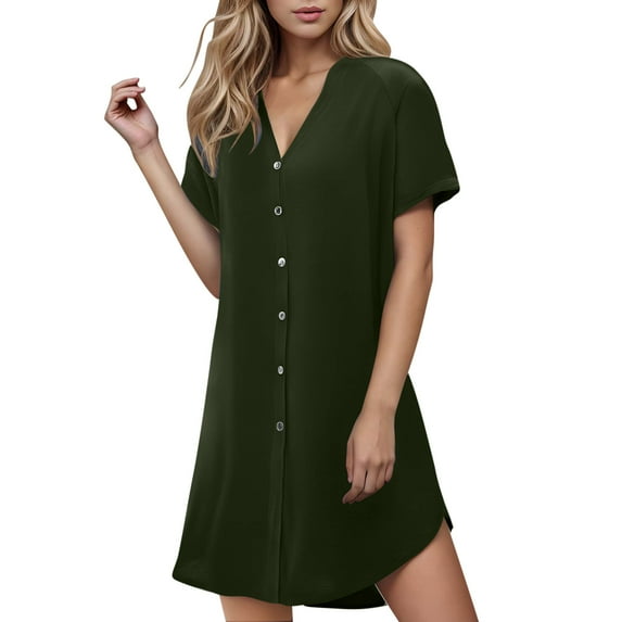 qucoqpe Womens Summer Solid Color Nightgown Fashion Button V Neck Short Sleeve Nightshirts Lightweight Comfy Pajama Dress with Pockets