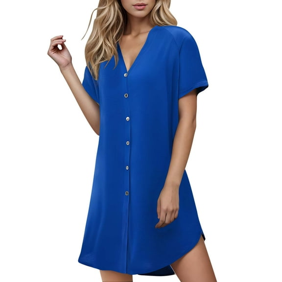 qucoqpe Womens Summer Solid Color Nightgown Fashion Button V Neck Short Sleeve Nightshirts Lightweight Comfy Pajama Dress with Pockets