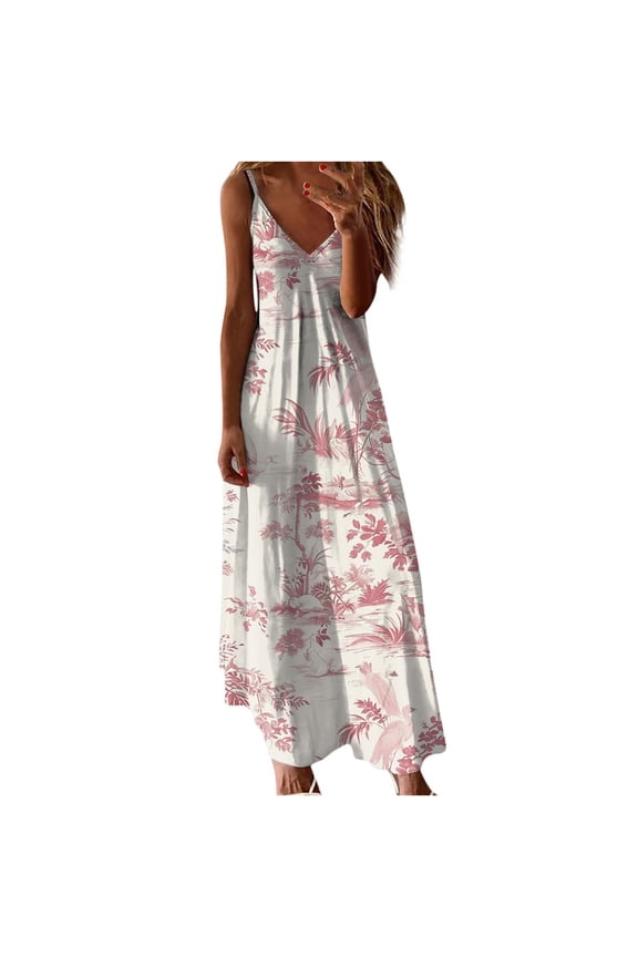 Womens Summer Sundress Fashion Casual Floral Printed Sleeveless V Neck Flowy Maxi Long Dress Beach Vacation Spaghetti Strap Dress