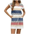 thumbnail image 1 of qucoqpe Womens Summer T-shirt Dress V Neck Short Sleeve Elastic Waist Mini Dress Casual Loose Stripe Print Sun Dress with Pockets, 1 of 5