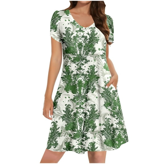 qucoqpe Womens Summer T-shirts Dress V Neck Short Sleeve Ruffle Flowy Mini Dress Fashion Casual Boho Floral Print Beach Sun Dress with Pockets