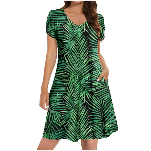 qucoqpe Womens Summer T-shirts Dress V Neck Short Sleeve Ruffle Flowy Mini Dress Fashion Casual Boho Floral Print Beach Sun Dress with Pockets