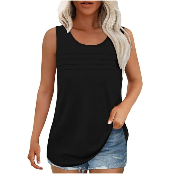 qucoqpe Womens Summer Tank Tops Casual Sleeveless Pleated T-shirts Crew Neck Camisole Solid Loose Tees Blouse