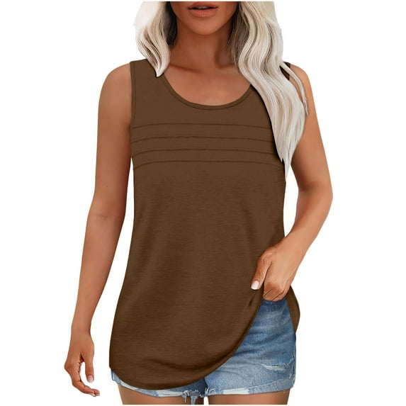 qucoqpe Womens Summer Tank Tops Casual Sleeveless Pleated T-shirts Crew Neck Camisole Solid Loose Tees Blouse