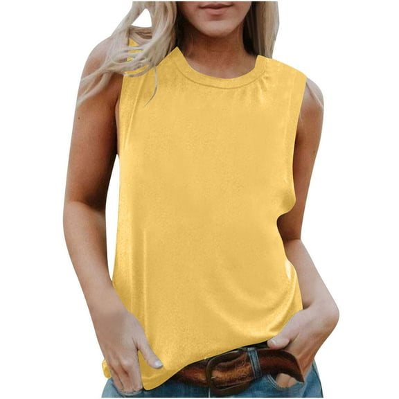 qucoqpe Womens Summer Tank Tops Crew Neck Sleeveless Basic T-Shirts Casual Loose Solid Color Tees Lightweight Pullover Blouse
