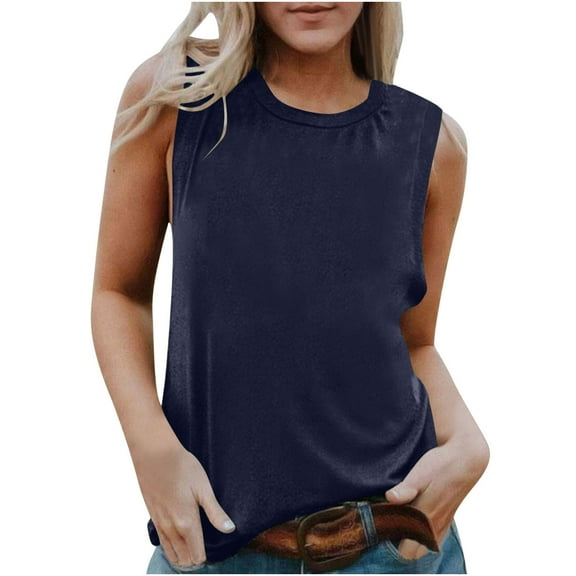 qucoqpe Womens Summer Tank Tops Crew Neck Sleeveless Basic T-Shirts Casual Loose Solid Color Tees Lightweight Pullover Blouse