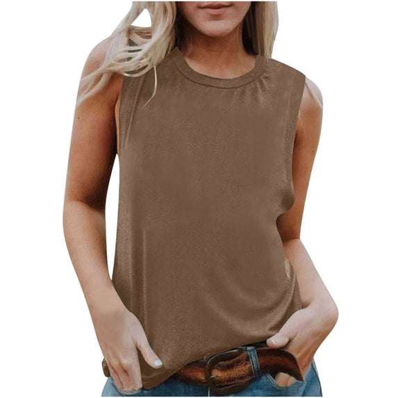 qucoqpe Womens Summer Tank Tops Crew Neck Sleeveless Basic T-Shirts Casual Loose Solid Color Tees Lightweight Pullover Blouses