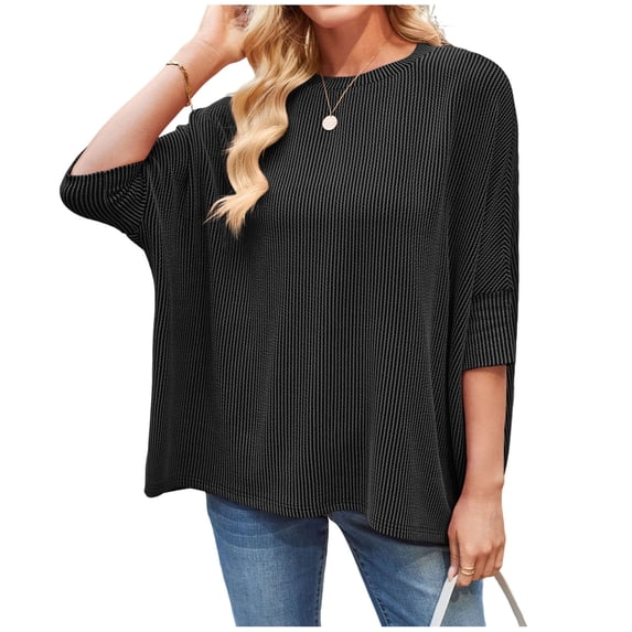 qucoqpe Womens Summer Tops Fashion Casual Ribbed Batwing 3/4 Sleeve Tunic Shirts Loose Fit Blouses