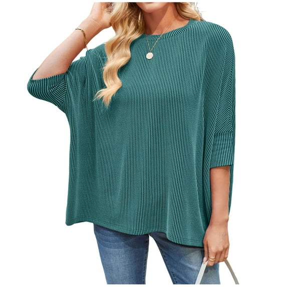 qucoqpe Womens Summer Tops Fashion Casual Ribbed Batwing 3/4 Sleeve Tunic Shirts Loose Fit Blouses