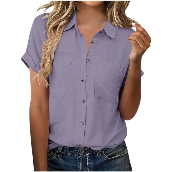 qucoqpe Womens Summer Tops Fashion Casual Solid Color Blouses Button Up Lapel Neck Short Sleeve Dressy Shirts with Pockets