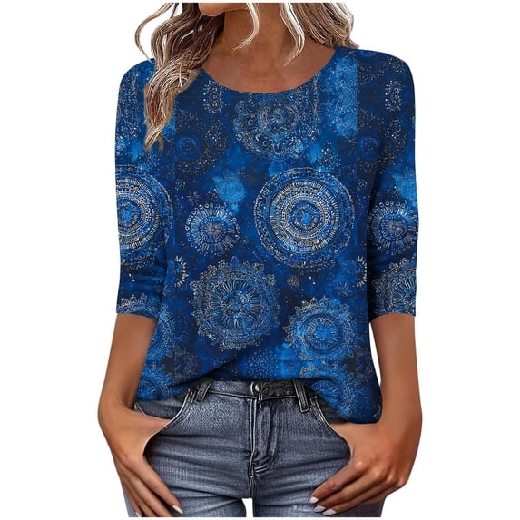 qucoqpe Womens Summer Tops Fashion Casual Bohemian Printed Crew Neck 3/4 Sleeve Tunic Blouses Loose Dressy Business Shirts
