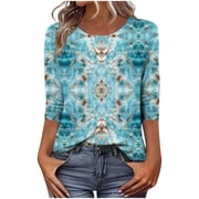 qucoqpe Womens Summer Tops Fashion Casual Bohemian Printed Crew Neck 3/4 Sleeve Tunic Blouses Loose Dressy Business Shirts