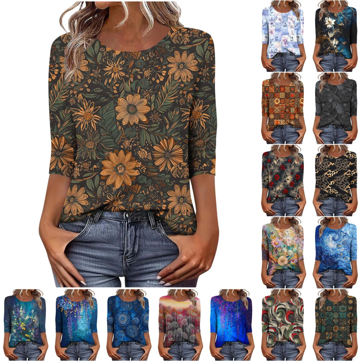 Womens Summer Tops Fashion Casual Floral Printed Crew Neck 3/4 Sleeve Tunic Blouses Loose Dressy Business Shirts