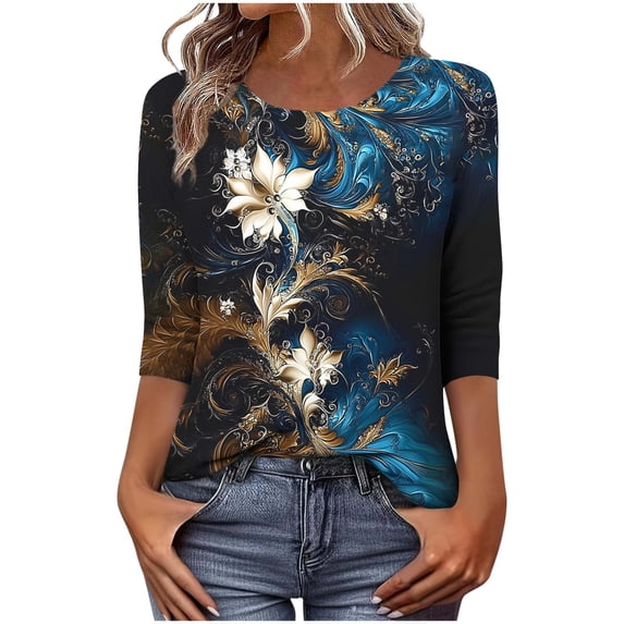 qucoqpe Womens Summer Tops Fashion Casual Floral Printed Crew Neck 3/4 Sleeve Tunic Blouses Loose Dressy Business Shirts