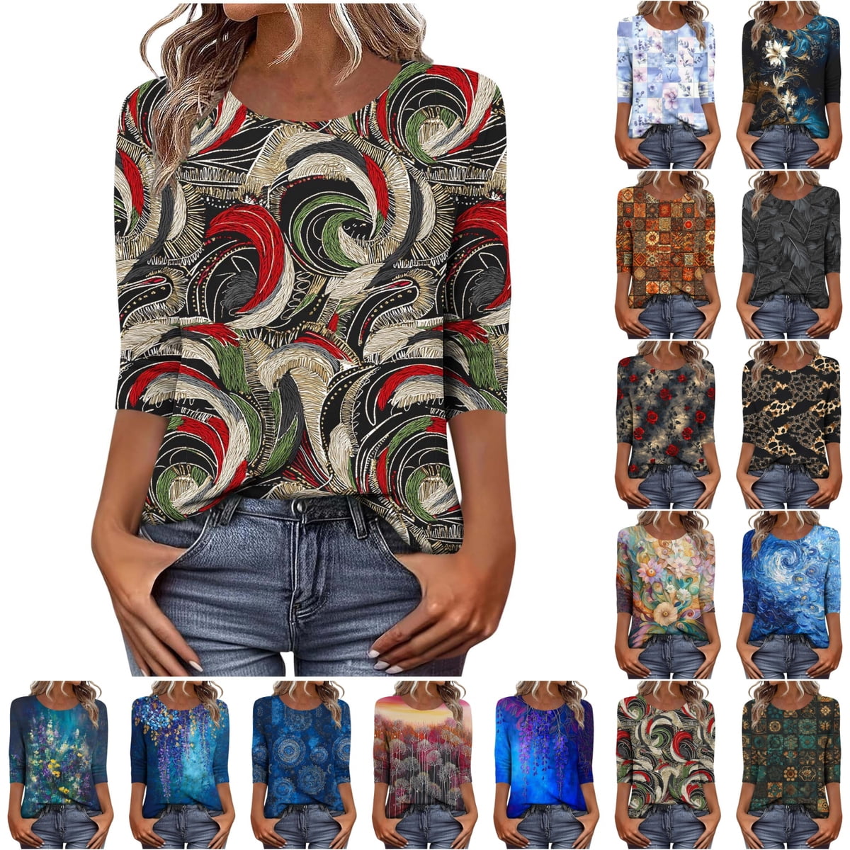 Womens Summer Tops Fashion Casual Graphic Printed Crew Neck 3/4 Sleeve Tunic Blouses Loose Dressy Business Shirts
