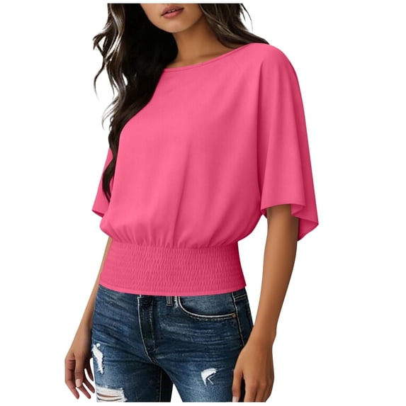 qucoqpe Womens Summer Tops Fashion Casual Solid Color Crew Neck Ruffle Short Sleeve Elastic Waist Blouses Trendy Loose Shirts