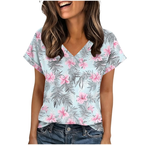 qucoqpe Womens Summer Tops Fashion Floral Printed Short Sleeve T Shirts Casual V Neck Cute Trendy Tunic Blouses