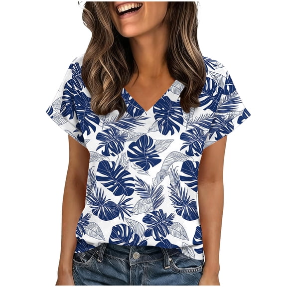 qucoqpe Womens Summer Tops Fashion Floral Printed Short Sleeve T Shirts Casual V Neck Cute Trendy Tunic Blouses