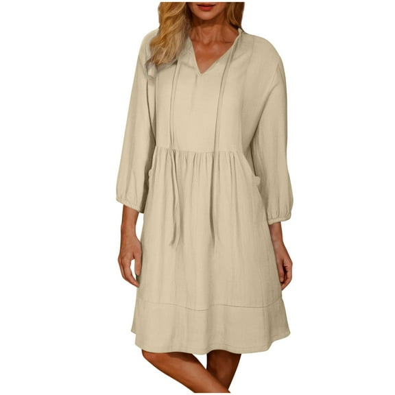 qucoqpe Womens Summer V Neck 3/4 Sleeve Dress Fashion Casual Loose Tie Sun Dress Ruffle Pleated Mini Dress with Pockets