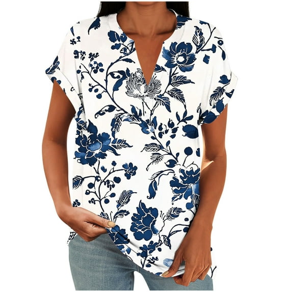 qucoqpe Womens Summer V Neck Button Tops Fashion Casual Cute Print Short Sleeve T-shirts Loose Tunic Blouses