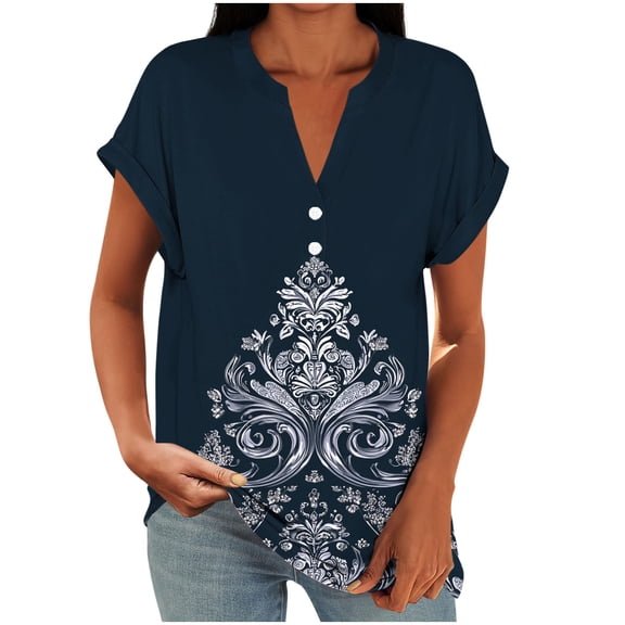 qucoqpe Womens Summer V Neck Button Tops Fashion Casual Cute Print Short Sleeve T-shirts Loose Tunic Blouses