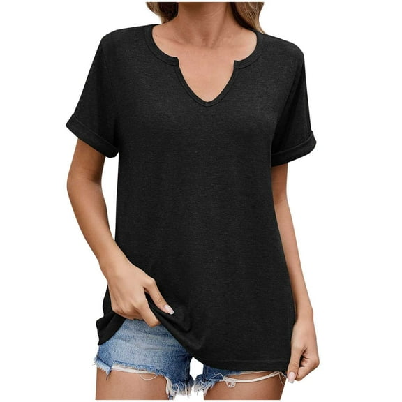 qucoqpe Womens Summer V Neck Short Sleeve T-Shirts Fashion Casual Loose Tops Comfy Solid Color Tees Blouse
