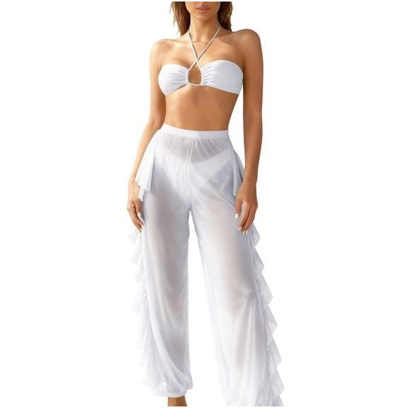 qucoqpe Womens Swimsuits 3 Piece High Waisted Bikini with Cover Up Bottoms Sets Summer Fashion Halter Beach Bathing Suit