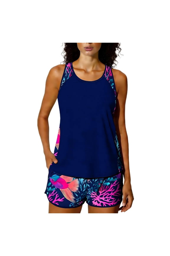 Womens Tankini Swimsuits Fashion Bohemian Printed Two Piece Modest Bathing Suit Sporty Surfing Built-in Bra Swimwear Set