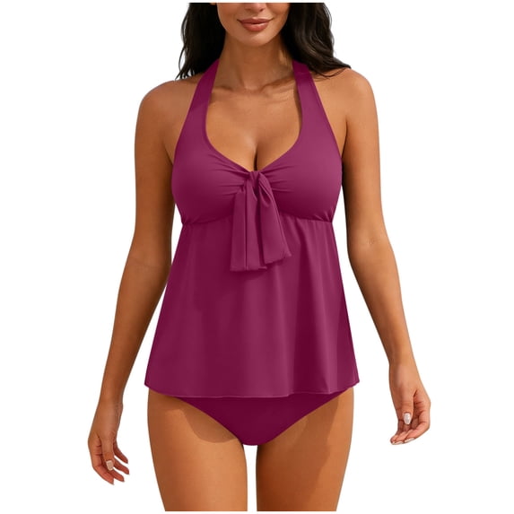 qucoqpe Womens Tankini Swimsuits Fashion Solid Color Halter Backless Two Piece Modest Bathing Suit Beach Vacation Swimwear Set