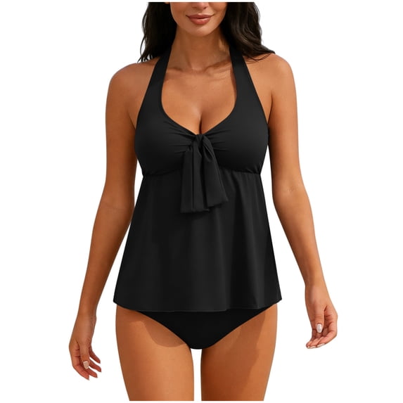 qucoqpe Womens Tankini Swimsuits Fashion Solid Color Halter Backless Two Piece Modest Bathing Suit Beach Vacation Swimwear Set