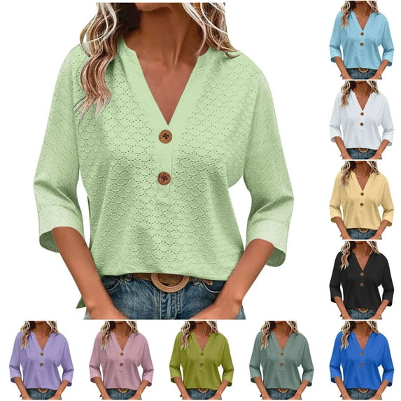 qucoqpe Womens Tops 3/4 Sleeve Shirts Fashion Button V Neck Casual Solid Tunic Blouse