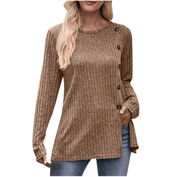 qucoqpe Womens Tops Casual Solid Crewneck Long Sleeve Tunic Pullover Side Split Sweatshirts