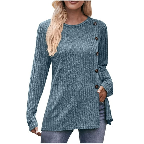 qucoqpe Womens Tops Casual Solid Crewneck Long Sleeve Tunic Pullover Side Split Sweatshirts