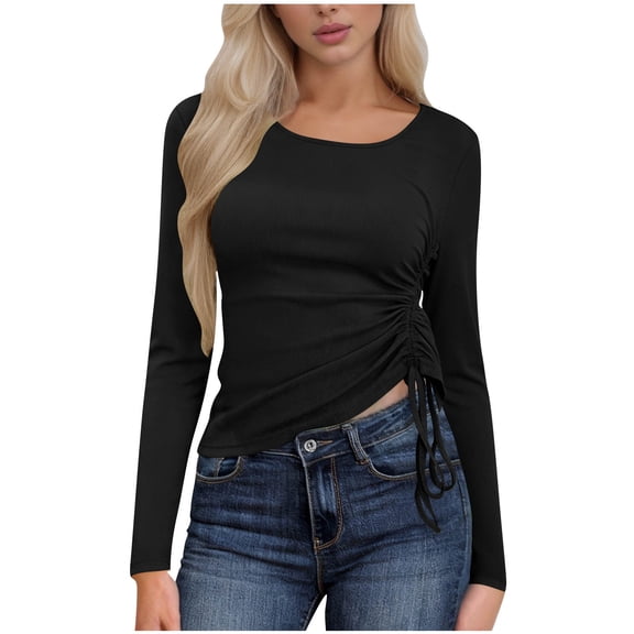 qucoqpe Womens Tops Long Sleeve Side Drawstring Tee Shirts Slim Fit Solid Ruched Pleated Crewneck Blouse for Women