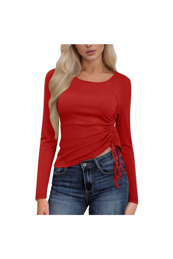 Womens Tops Long Sleeve Side Drawstring Tee Shirts Slim Fit Solid Ruched Pleated Crewneck Blouse for Women