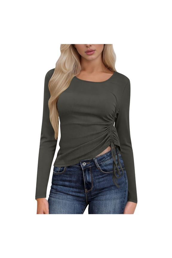 Womens Tops Long Sleeve Side Drawstring Tee Shirts Slim Fit Solid Ruched Pleated Crewneck Blouse for Women