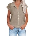thumbnail image 1 of qucoqpe Womens Tops Summer Plus Size Short Sleeve Button V Neck Fashion Casual Solid Loose Cotton Linen Shirts Blouse, 1 of 1