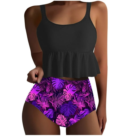 qucoqpe Womens Two Piece Bathing Suits Sexy Crew Neck Ruffle Flowy Swimsuits Floral Print Swimwear Beachwear