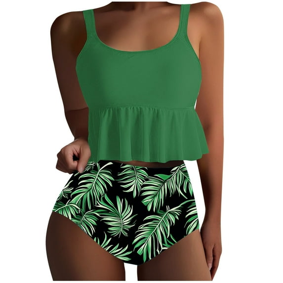qucoqpe Womens Two Piece Bathing Suits Sexy Crew Neck Ruffle Flowy Swimsuits Floral Print Swimwear Beachwear