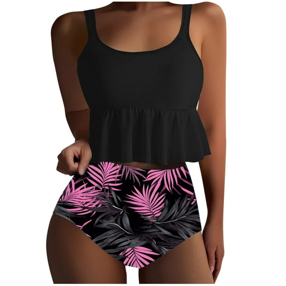 qucoqpe Womens Two Piece Bathing Suits Sexy Crew Neck Ruffle Flowy Swimsuits Floral Print Swimwear Beachwear