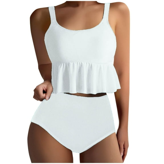 qucoqpe Womens Two Piece Bathing Suits Sexy Crew Neck Ruffle Flowy Swimsuits Solid Color Swimwear Beachwear