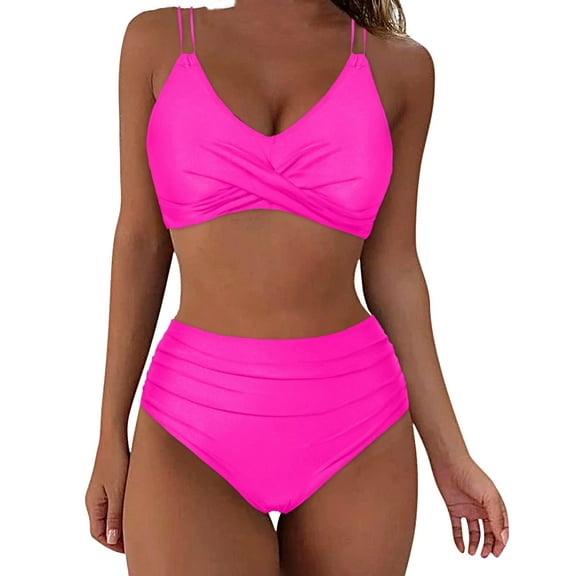 qucoqpe Womens Two Piece Bathing Suits with Built in Bra Sexy Wrap V Neck Back Tie Swimsuits Solid Color Slim Swimwear