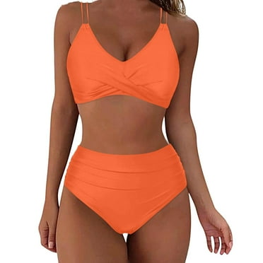 qucoqpe Womens Two Piece Bathing Suits with Built in Bra Sexy Wrap V Neck Back Tie Swimsuits Solid Color Slim Swimwear on Clearance