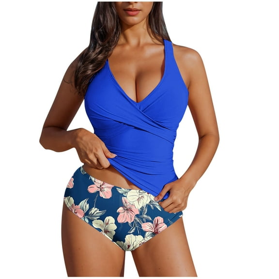 qucoqpe Womens Two Piece Floral Print Bathing Suits with Built in Bra Sexy Wrap V Neck Tankini Swimsuit Backless Strap Swimwear