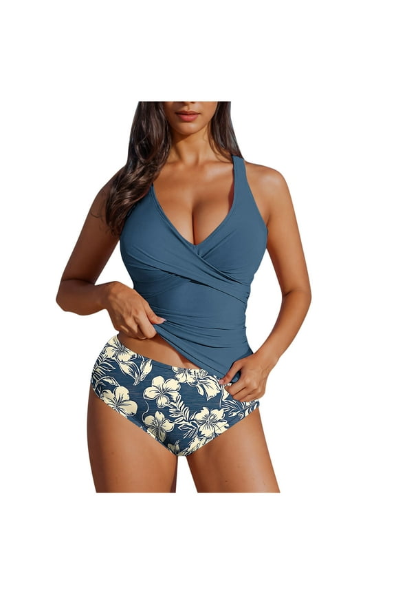 Womens Two Piece Floral Print Bathing Suits with Built in Bra Sexy Wrap V Neck Tankini Swimsuit Backless Strap Swimwear