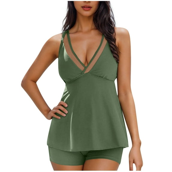 qucoqpe Womens Two Piece Tankini Swimsuits with Built in Bra Sexy V Neck Solid Color Modest Bathing Suits Swim Tankini Tops with Boyshorts